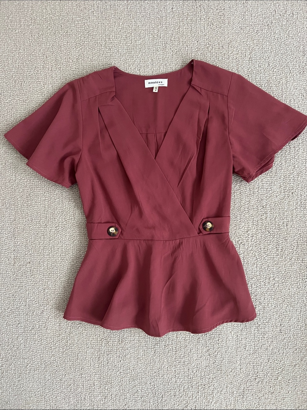 Monteau Wine Wrap Peplum Blouse